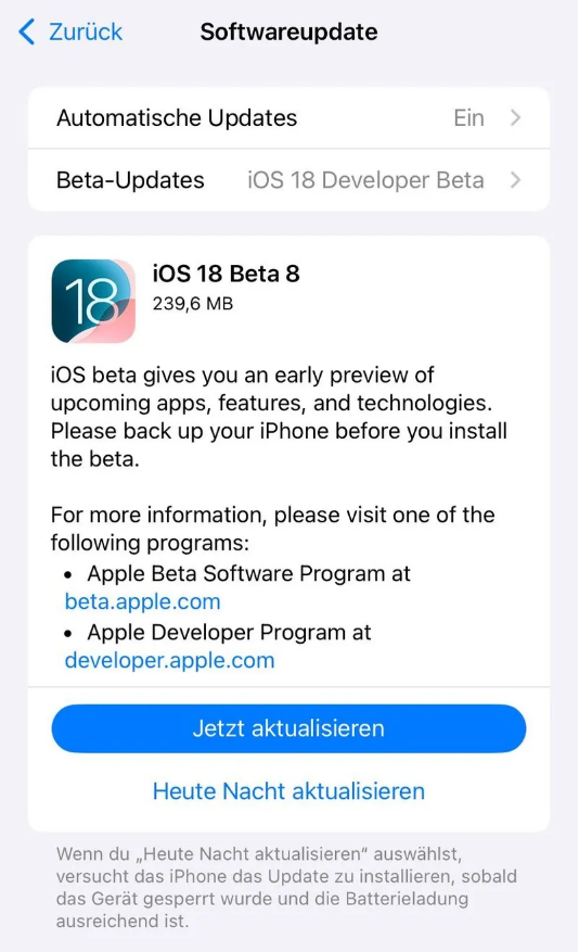 文县苹果手机维修分享苹果 iOS / iPadOS 18 开发者预览版 Beta 8 发布 